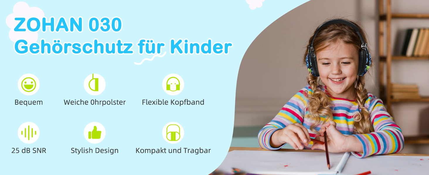 Навушники для захисту від шуму ZOHAN 030 для дітей 3-18 років, блакитні, з графіті