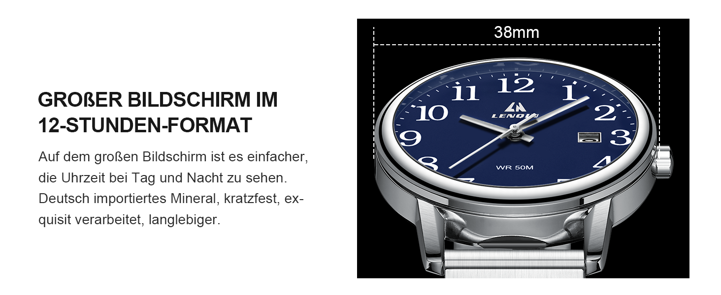 Годинник чоловічий LN LENQIN аналоговий кварцовий з нержавіючої сталі, з датою (блакитний)