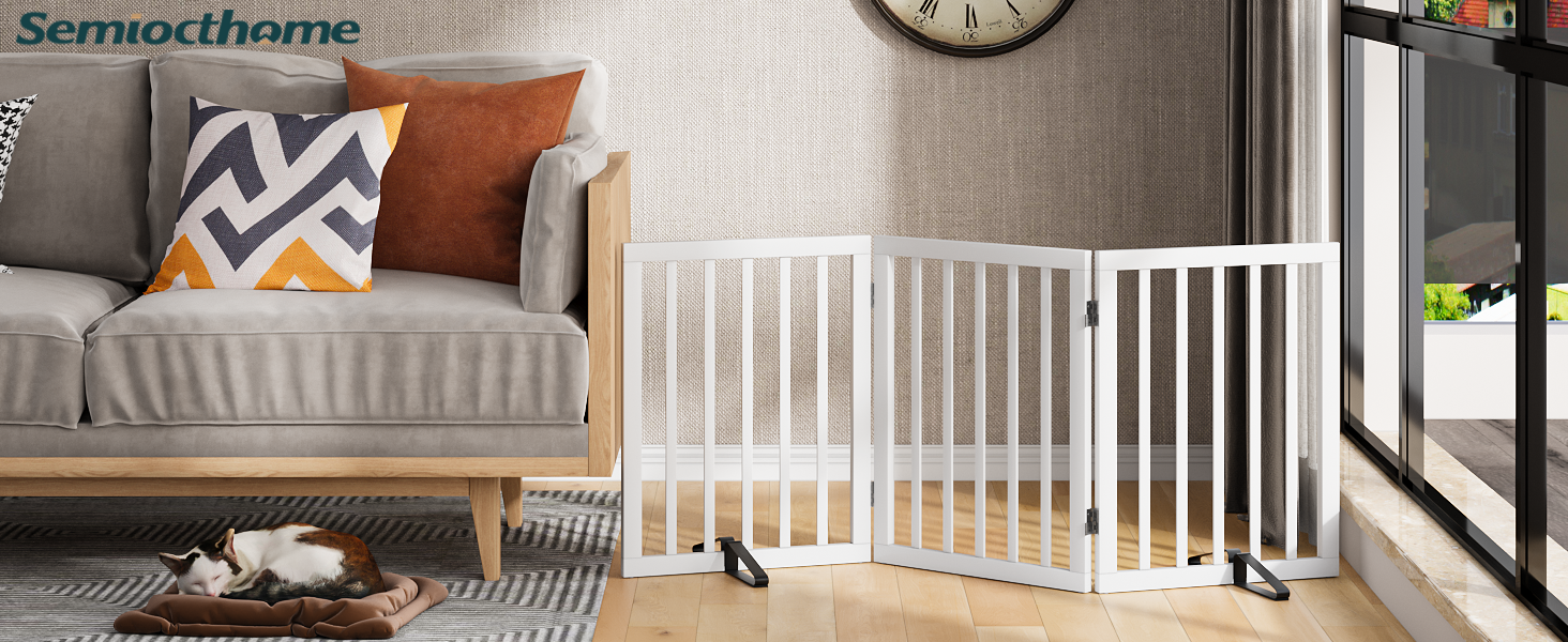 Бамбукове перегородка для собак Semiocthome: 3 секції, 140 см, для дому, з металевими стійками, 61 см висота, складана, білий колір