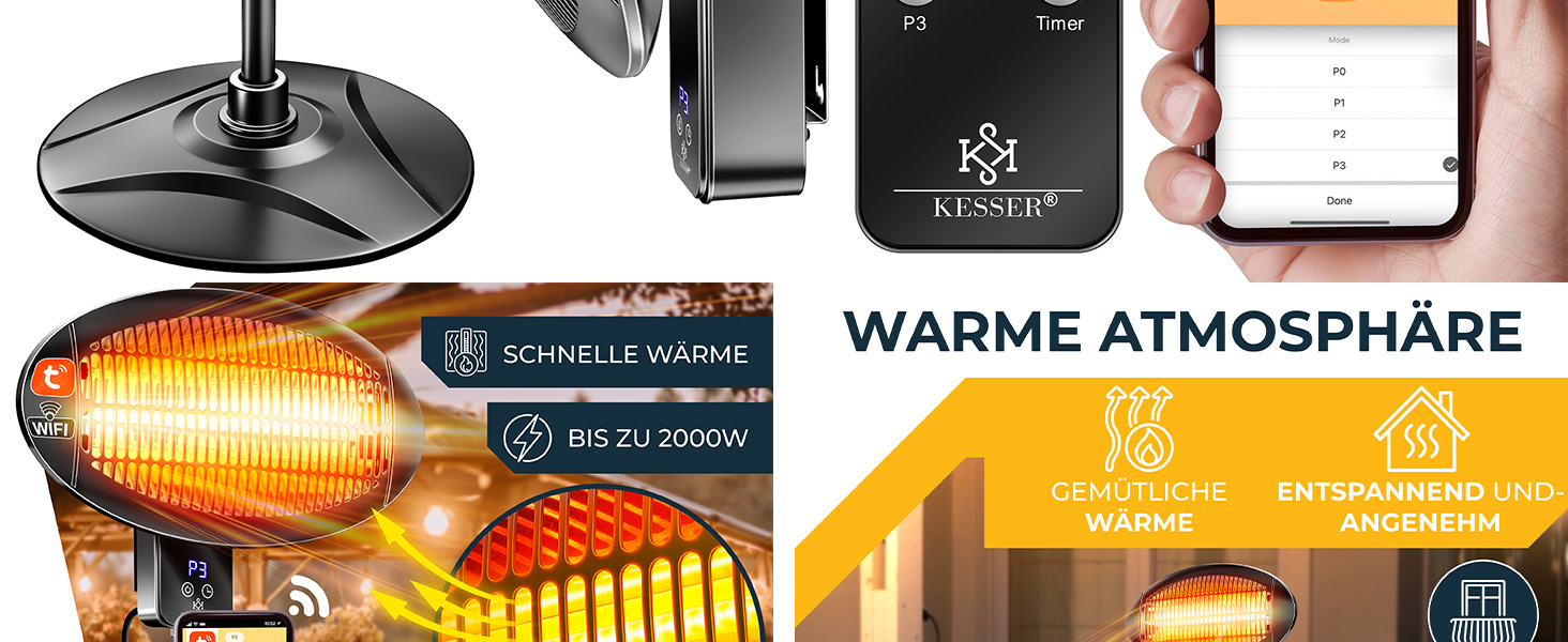 Інфрачервовий обігрівач KESSER® 2000W з Wi-Fi та пультом дистанційного керування, 360° обертання, регулювання висоти, підставка та настінний монтаж, захист від перекидання, IPX4 вологозахист, для тераси, балкону та саду, чорний