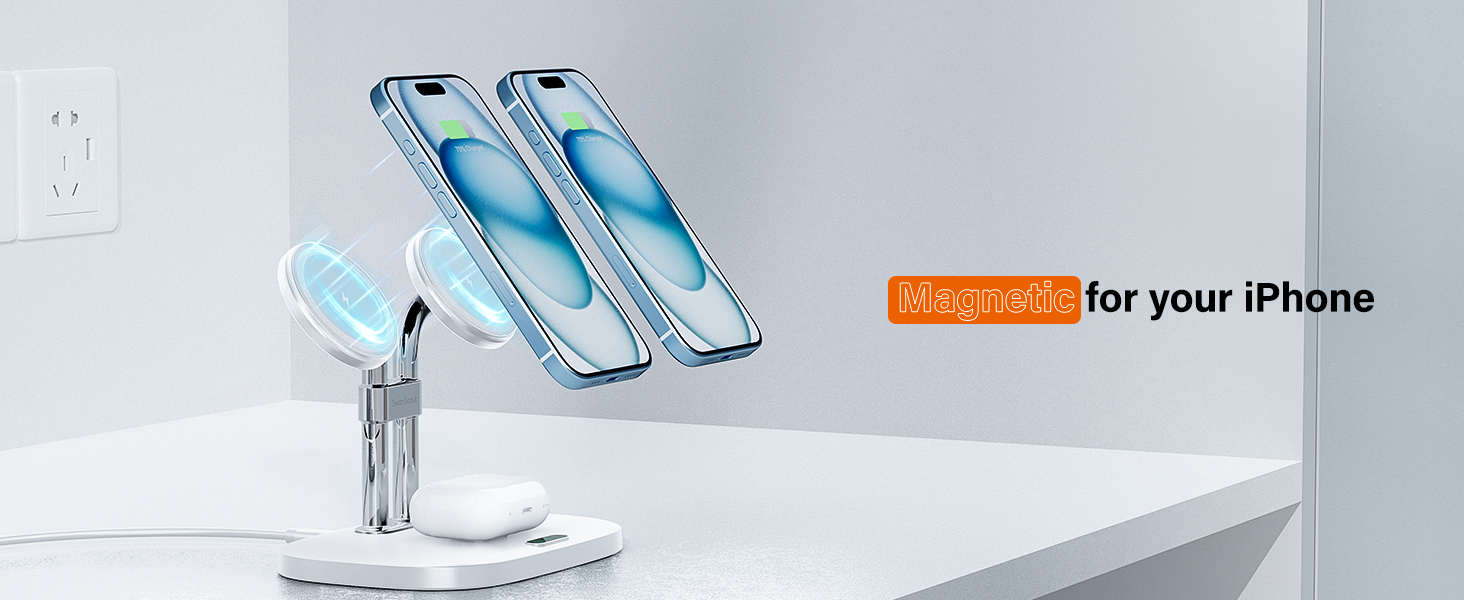 Бездротова зарядка SwanScout для iPhone 17/Air, AirPods Pro 3/2, 2 телефони (біла)