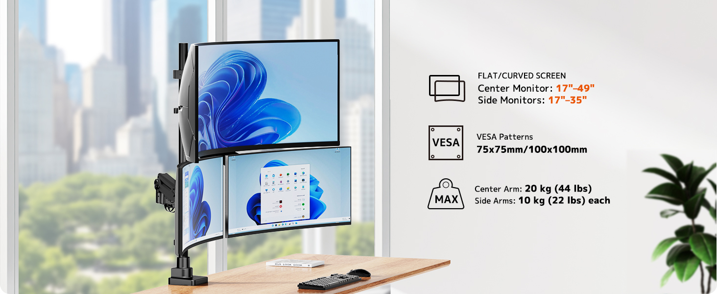 Тримач для монітора на стіл для 3 моніторів, регульована висота, 80 см, до 20 кг