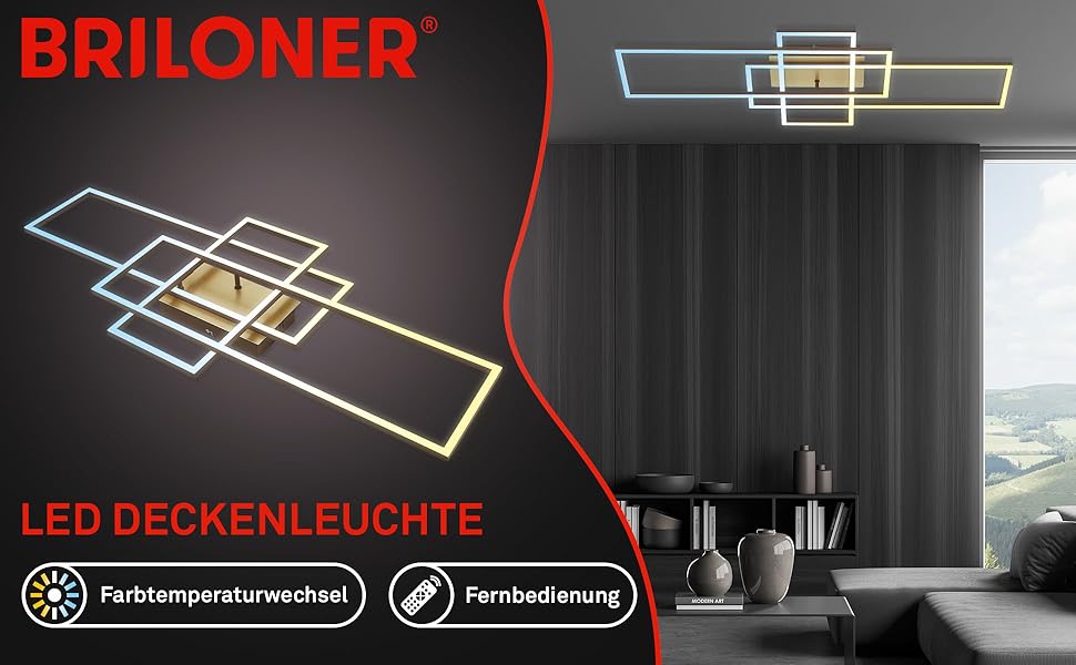 BRILONER LED стельова лампа з пультом, диммером, регулюванням кольору світла (теплий/нейтральний білий), для вітальні, спальні, кухні, 104x42x10 см, золота
