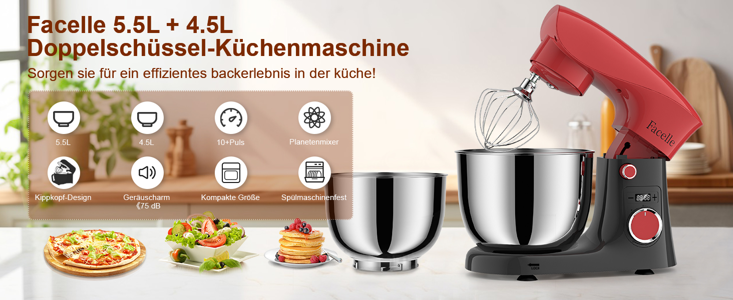 Кухонна машина-міксер Facelle 1500W з 5.5L та 4.5L чашами, 10+ програм, тиха робота, з набором насадок (червоно-сіра)