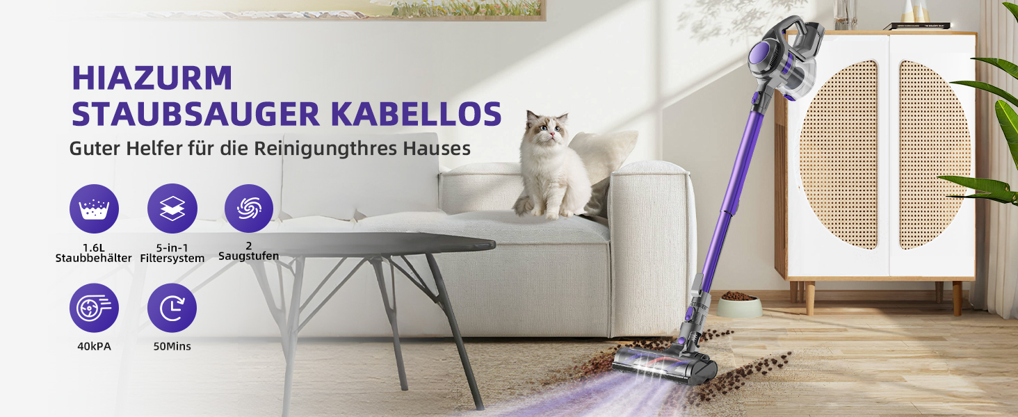 Бездротовий пилосос Authmic 40000Pa з HEPA-фільтрами, 50 хвилин роботи, 450W, для твердих поверхонь та килимів