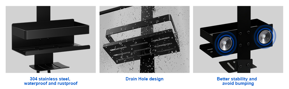 Поличка для душу без свердління, органайзер для ванної кімнати, чорна. Регульована поличка для шампуню та аксесуарів.