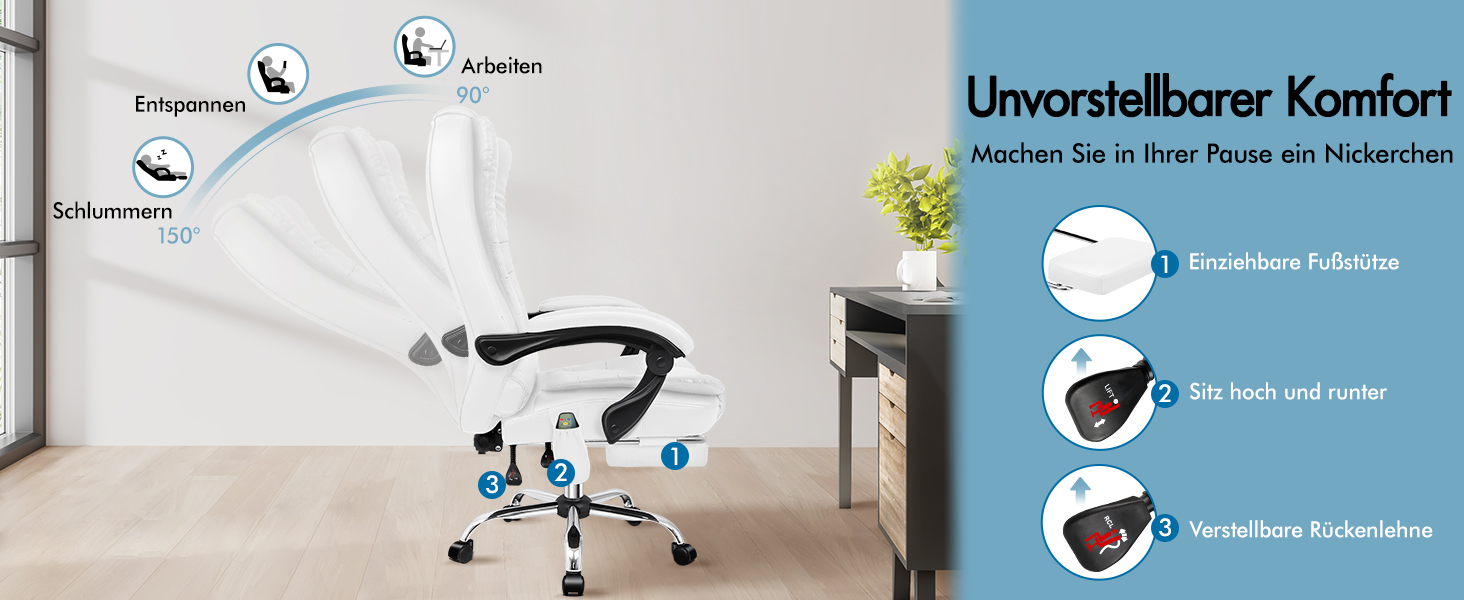 Офісне крісло Alfordson з ергономічною підтримкою попереку, регульоване, з підлокітниками та функцією масажу, PU шкіра, біле