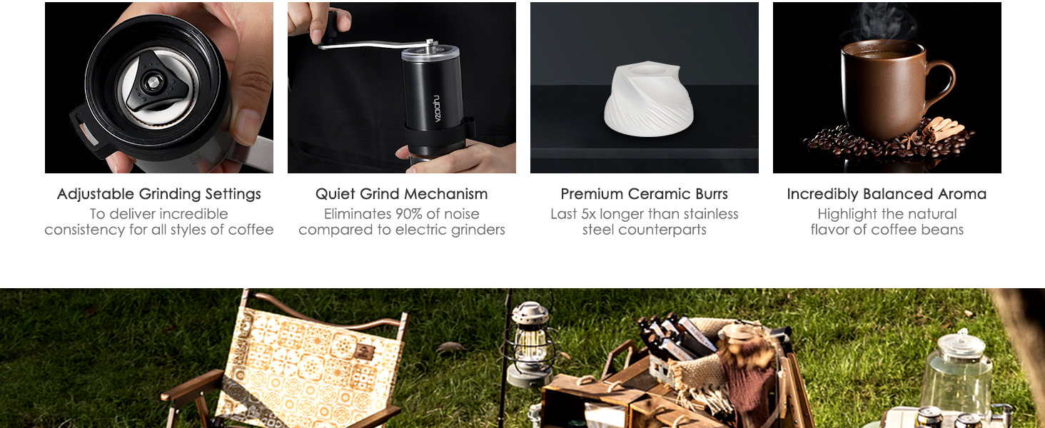 Vzaahu Кавомолка ручна, 6-ступенева, керамічний жорно, для дому, офісу, подорожей, срібна, чорна