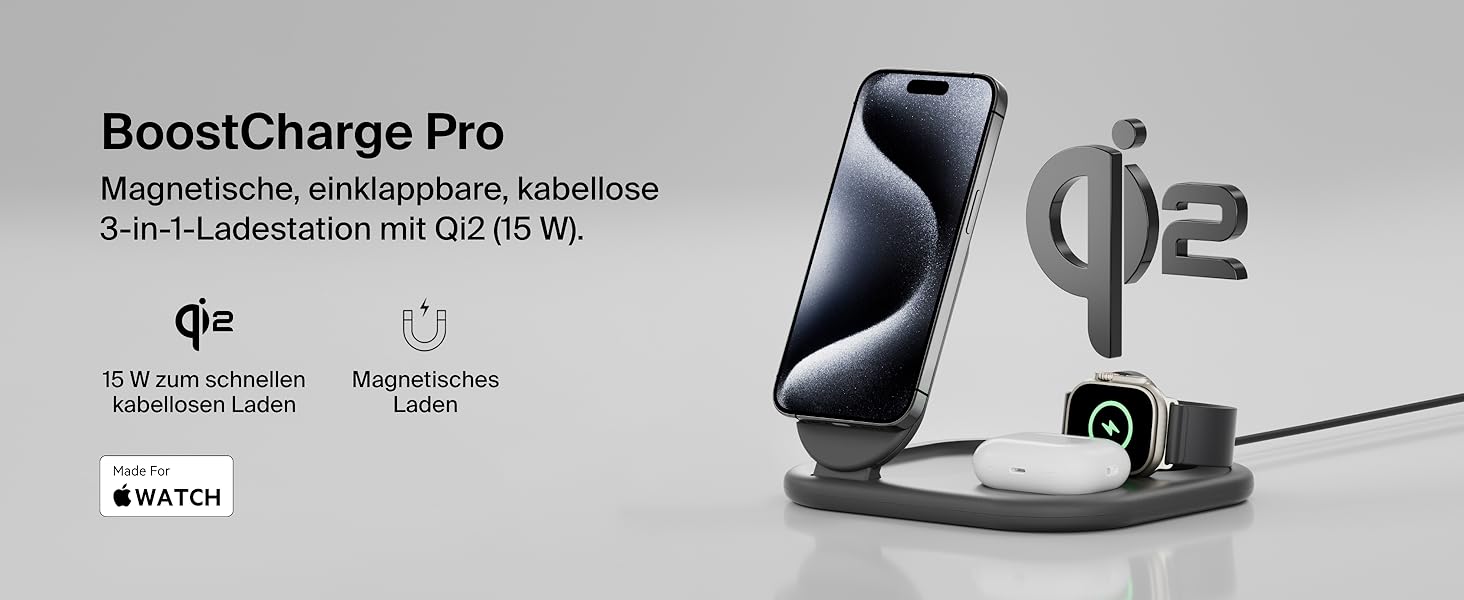 Зарядний пристрій Belkin BoostCharge 3-в-1 з підтримкою MagSafe Qi2, 15 Вт, складаний підставка для iPhone, Apple Watch, AirPods, з адаптером живлення – Чорний