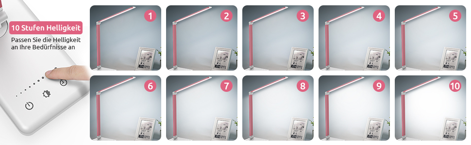 LED лампа настільна дитяча регульована рожева з акумулятором 2500mAh, 5 кольорів, 10 рівнів яскравості, сенсорне управління, складана