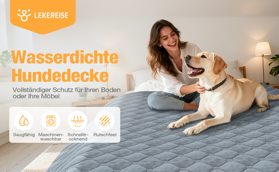 Водонепроникний килимок для собак Lekereise 137x208 см - 100% поглинаючий та захист від протікання, м'який нековзний килимок для захисту дивану, ліжка та авто - миючий килимок для собак та котів (Сірий, 157x208)