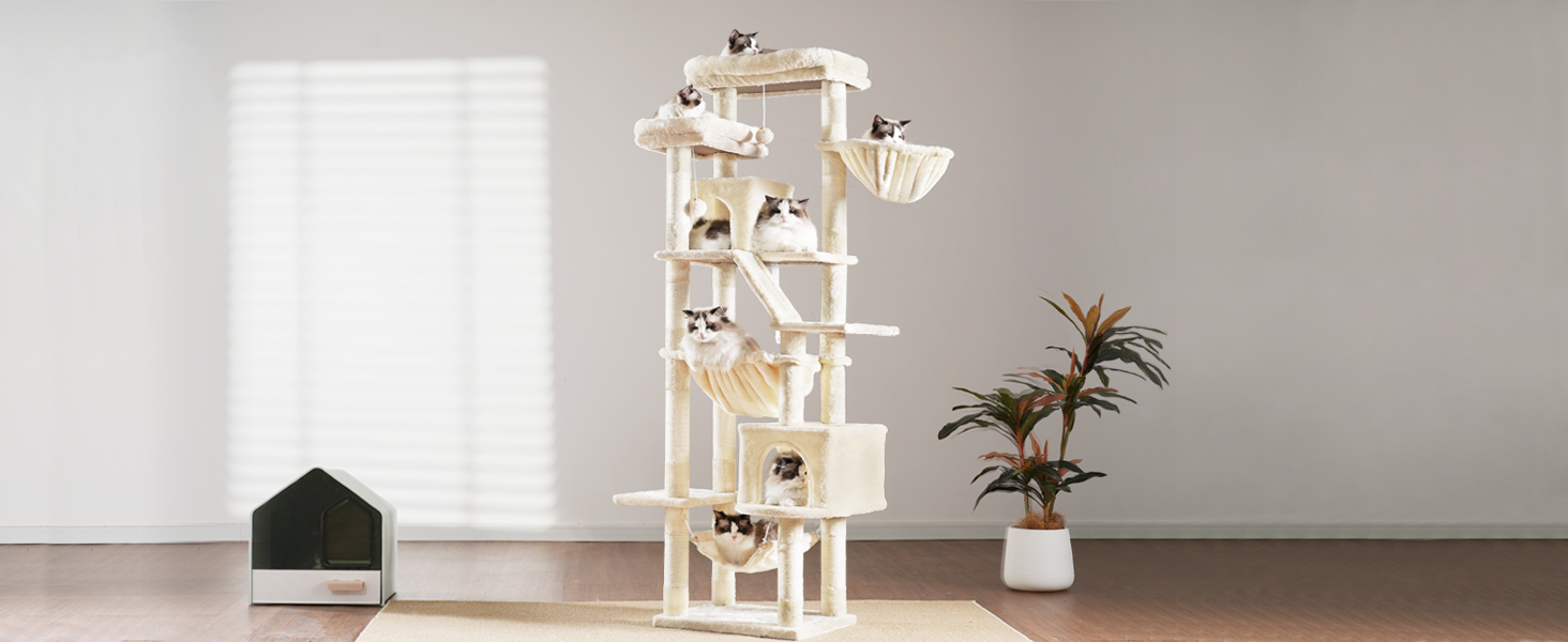 Кігтеточка-кітчечка Heybly HCT034W, 180 см, бежева: 2 платформи, 2 будиночки, 2 гамаки, кошик, кігтедряпання