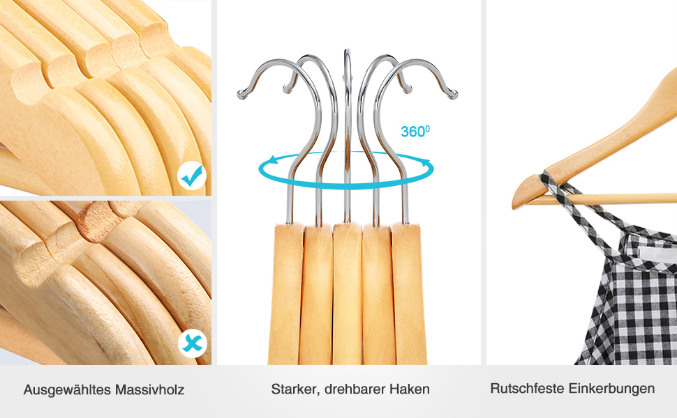 Дерев'яні вішалки для одягу SONGMICS для дітей, 10 шт., з перекладиною, затискачами, поворотний гачок 360°, довжина 35 см, білий CRW006W02