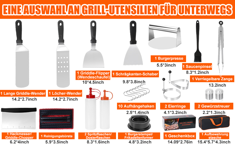 Набір аксесуарів для грилю JUAUO 27TLG: Тепаньякі, прес для бургерів, щипці, сумка, нержавіюча сталь (27 шт.)