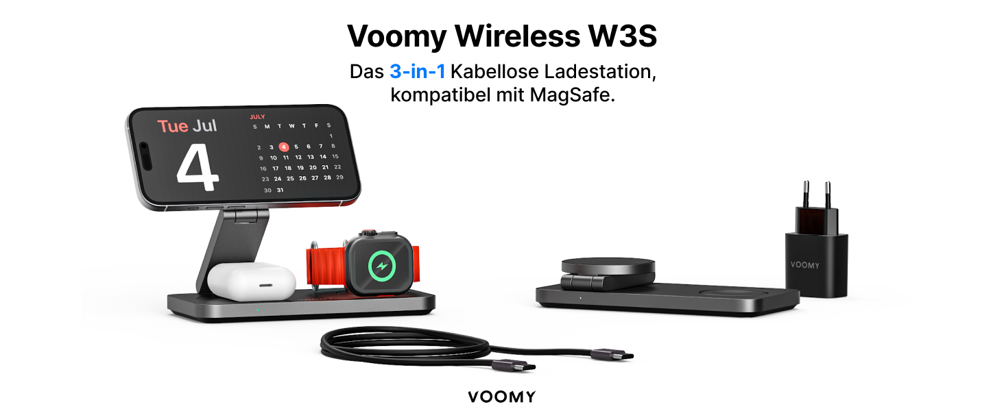 База для бездротової зарядки Voomy 3-в-1 з підтримкою MagSafe, для iPhone, AirPods та Apple Watch, 15W, складана, швидка зарядка, з USB-C кабелем та адаптером (Чорний)