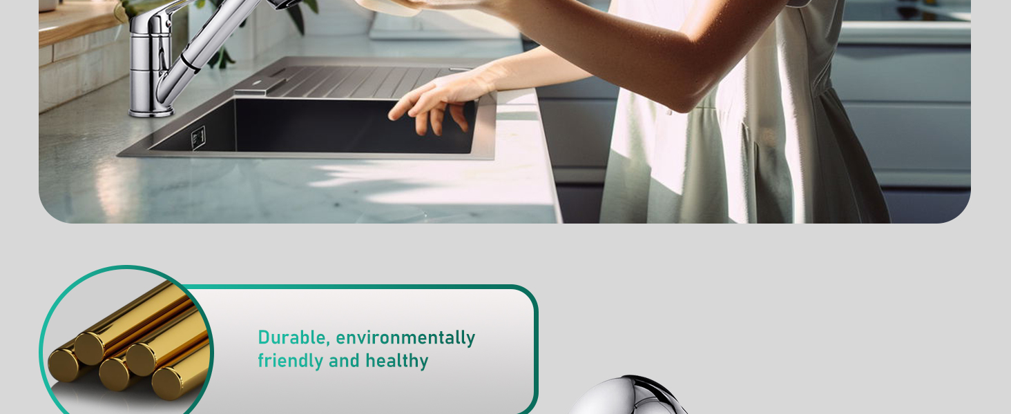 Змішувач кухонний висувний BONADE з подвійною виливом, поворотний на 360°, для кухні, з однією ручкою, хром