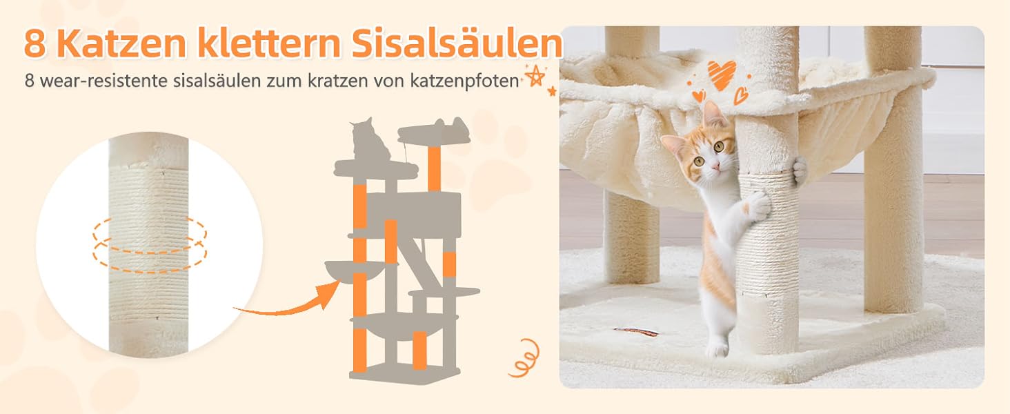 Дерев'яний кігтеточки для котів Taoqimiao MS026W, великий, бежевий (146 см) з 2 будиночками, гамаком та 8 стовпчиками для заточування кігтів