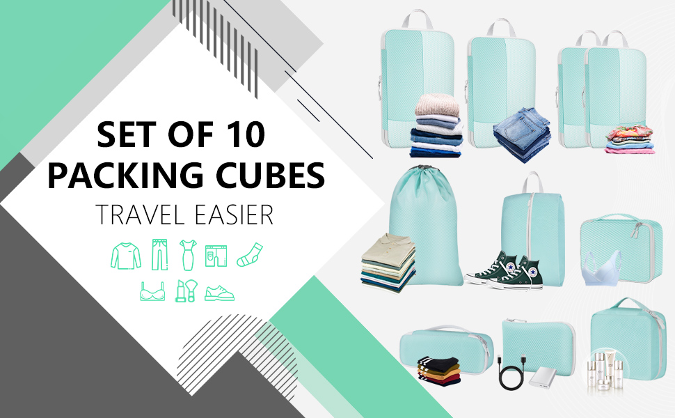 Органайзер для валізи Avmvnvc, 10-Piece Packing Cubes для одягу, компресійні мішечки для пакування, органайзер для валізи з косметичкою, туристичний органайзер для рюкзака та валізи, чорний (синій)