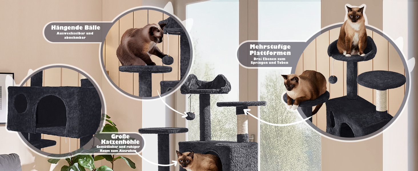 Кігтеточка-кольоротка Yaheetech 139 см, стабільна з 3 платформами, 3 стовпчиками, 2 печерами, плюшеві кульки, чорний колір