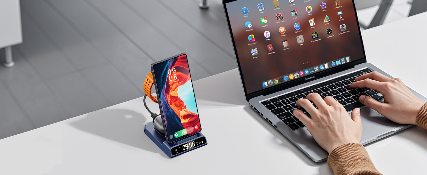 Бездротова зарядна станція 3-в-1 для Samsung Galaxy S26 Ultra, Watch 8/Ultra/7/6/5, Buds 4/4 Pro (Блакитна) - Швидка індуктивна зарядка