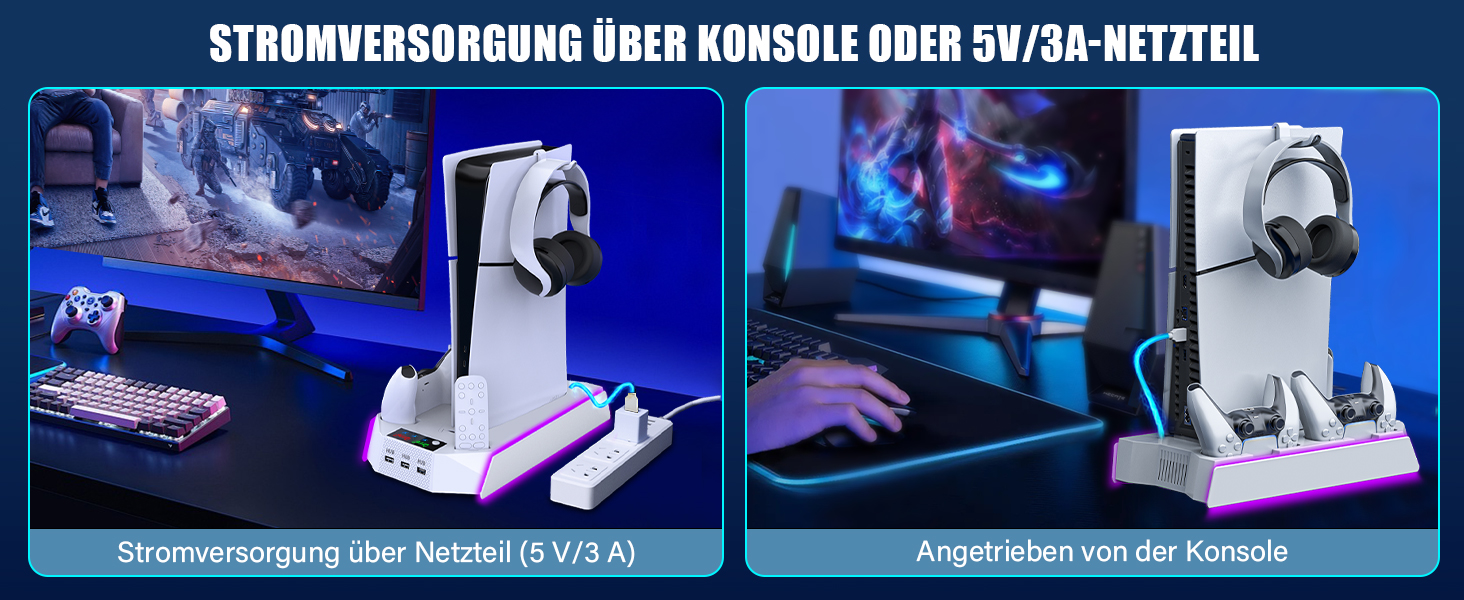 Підставка для PS5 Slim/Pro з зарядною станцією для контролера, RGB підсвічуванням, вентилятором, тримачем для навушників та USB хабом (чорний/білий)