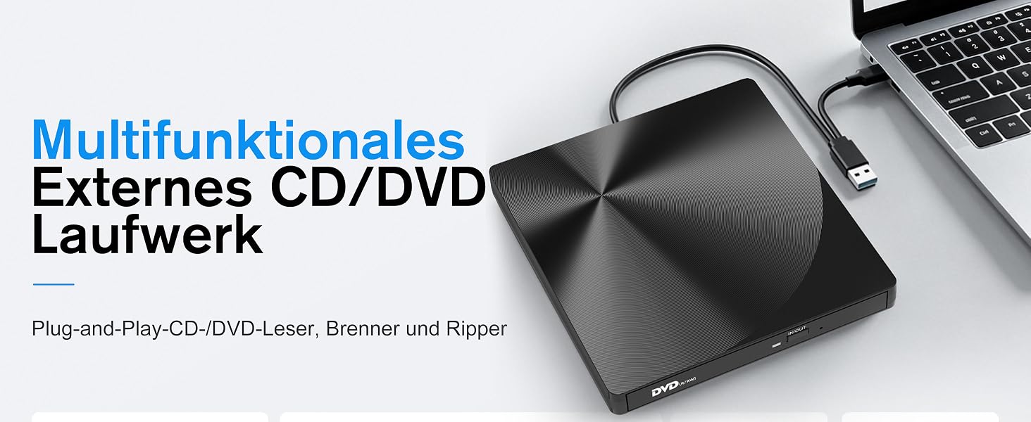 Зовнішній USB 3.0 та USB-C CD/DVD привід varkda для ноутбука та ПК, портативний DVD-плеєр та записник (RW/ROM), сумісний з Windows, macOS, Linux, чорний