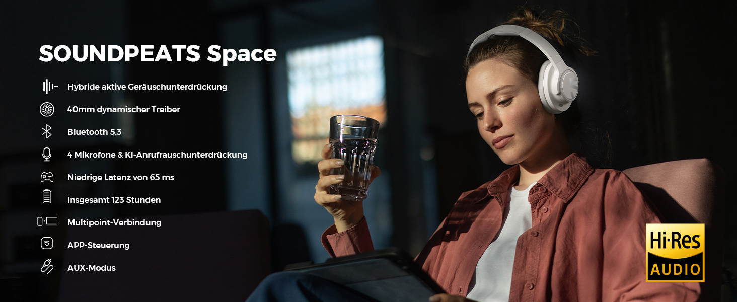 SoundPEATS Space: Бездротові навушники Over-Ear з гібридним ANC, ENC-мікрофоном та 40мм драйверами (білі)