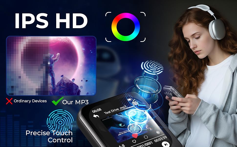 MP3-плеєр 64GB Bluetooth 5.3 з кліпсою та динаміком, спортивний музичний плеєр з сенсорним екраном та кнопками, регулятор гучності, FM-радіо, запис голосу, розширюється до 128GB, чорно-коричневий