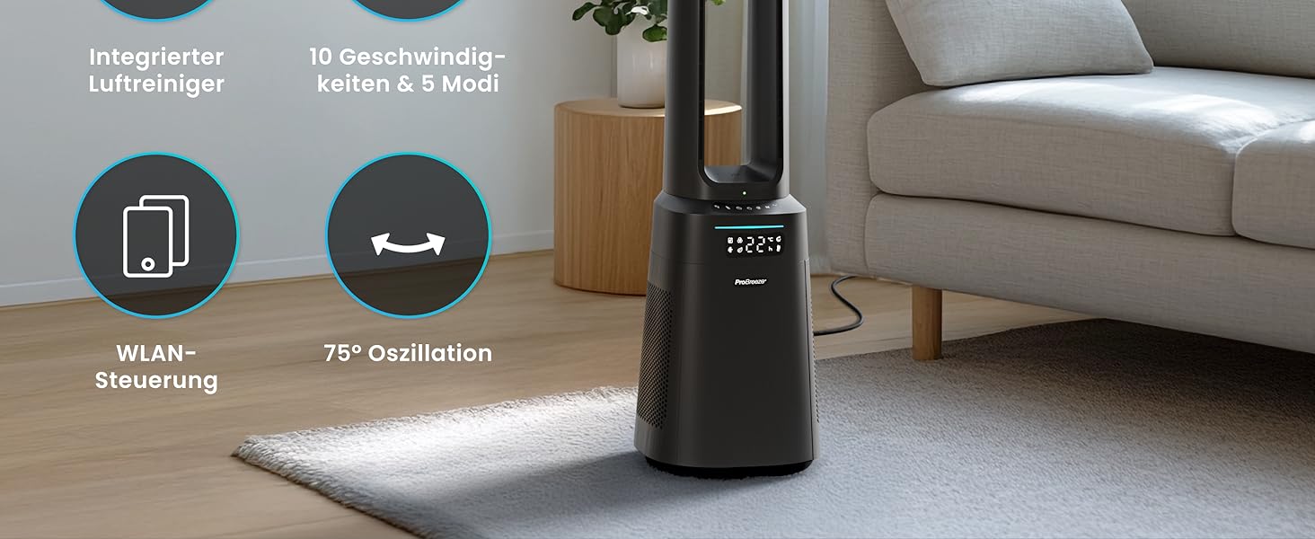 Вентилятор Pro Breeze OmniAir з очищувачем повітря, 105 см, осциляція 75°, пульт ДУ, HEPA 13 фільтр, LED дисплей, 10 швидкостей, тихий, 5 режимів, Smart App, чорний