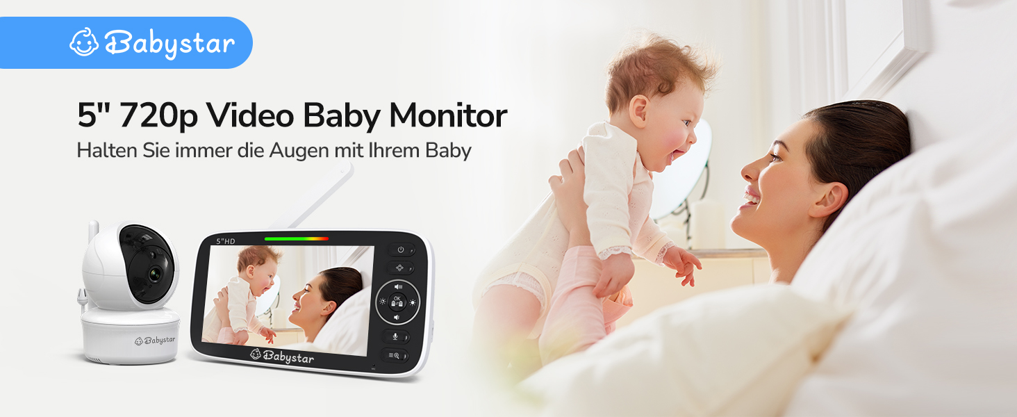 Дитячий відеоняня Babystar з камерою, 5 дюймів, 720P HD, без Wi-Fi, акумулятор 4000 mAh, Vox-функція, датчик температури, нічне бачення, 2-сторонній аудіо