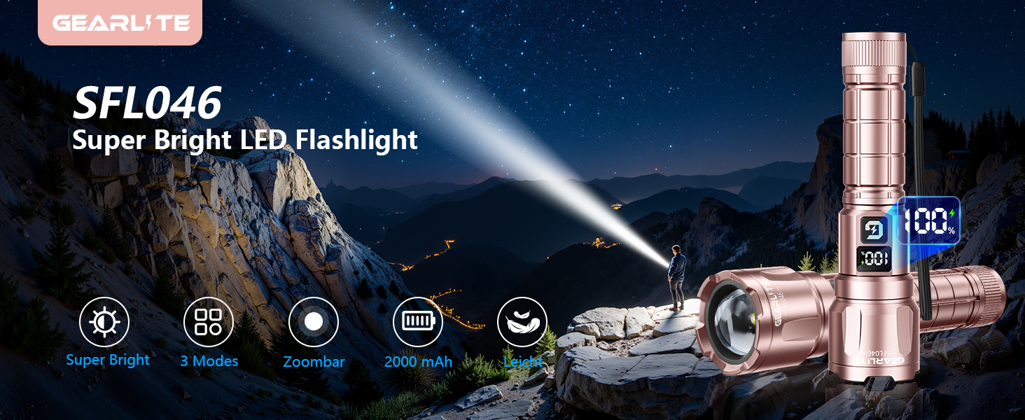 LED ліхтарик Gearlite, 6000 люмен, тактичний, з регулюванням фокусу, 3 режими, водонепроникний IP65, для кемпінгу, риболовлі, надзвичайних ситуацій, походів (рожевий)