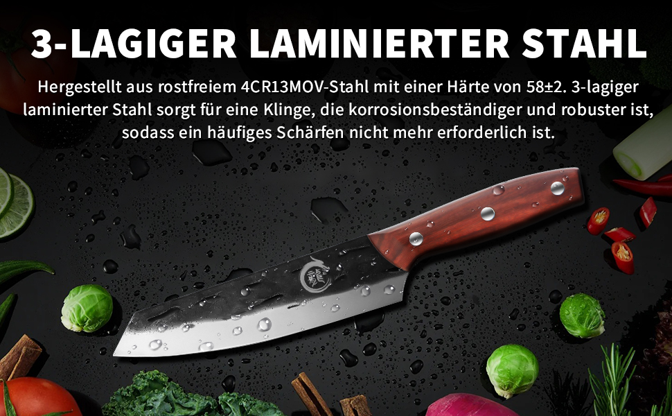 Ніж кухарський Plys 20 см, професійний, з високоякісної нержавіючої сталі, з ергономічною ручкою (чорний)