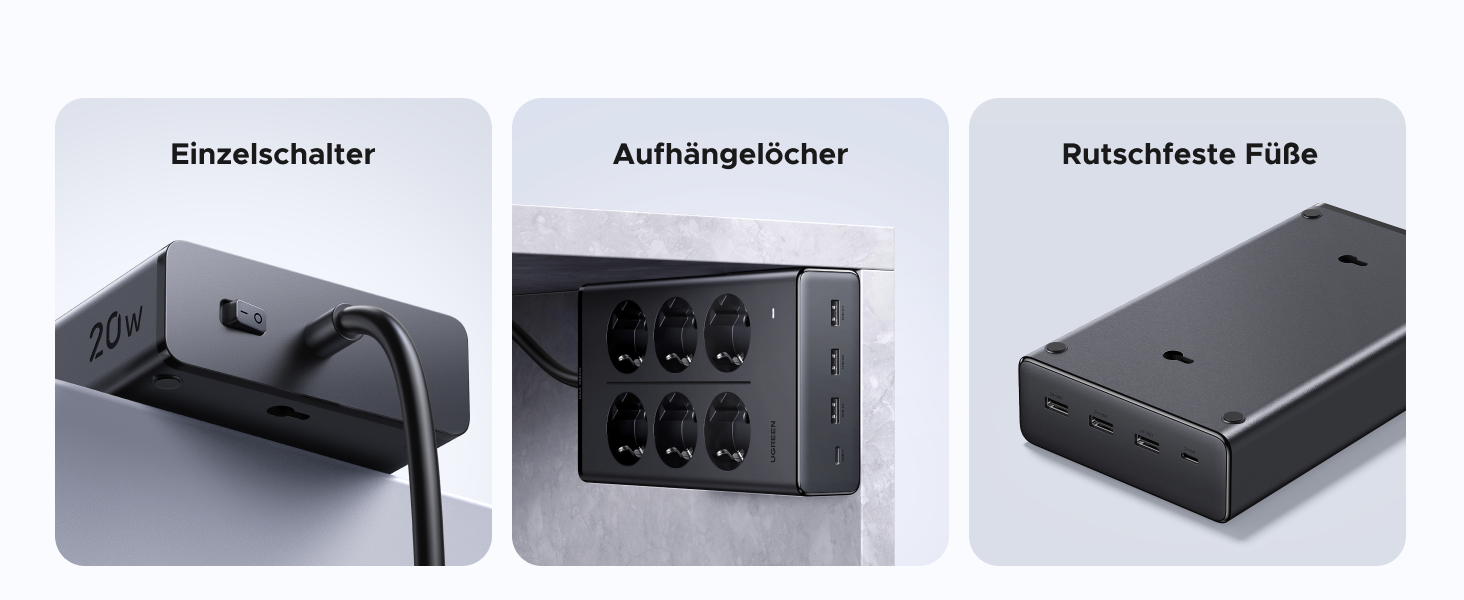 Мережевий фільтр UGREEN 10-в-1 з USB, подовжувач з 20W швидкою зарядкою USB-C, захист від перенапруги, 3680 Вт, кабель 1.5 м, для офісу та дому