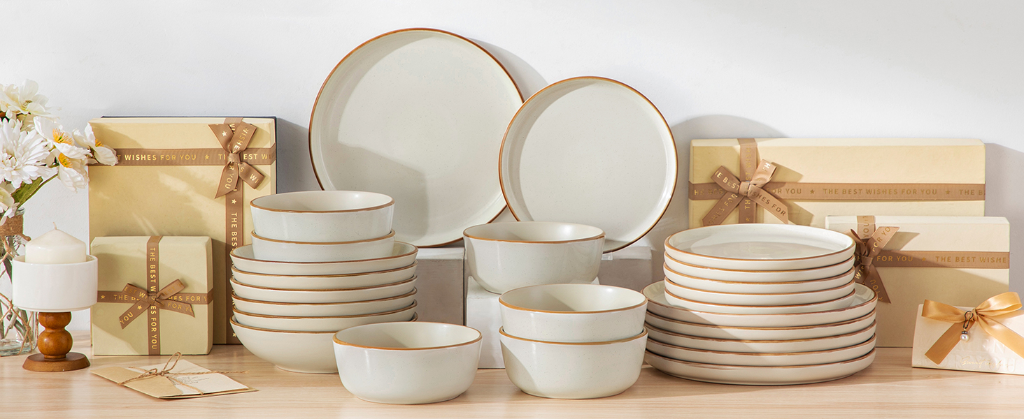 Набір посуду на 6 осіб Vancasso RENO 24 шт. з каменю, сучасний сервіз: тарілки для їжі, супу, десерту, миски. Підходить для миття в посудомийній машині та для використання в мікрохвильовій печі (Бежевий)