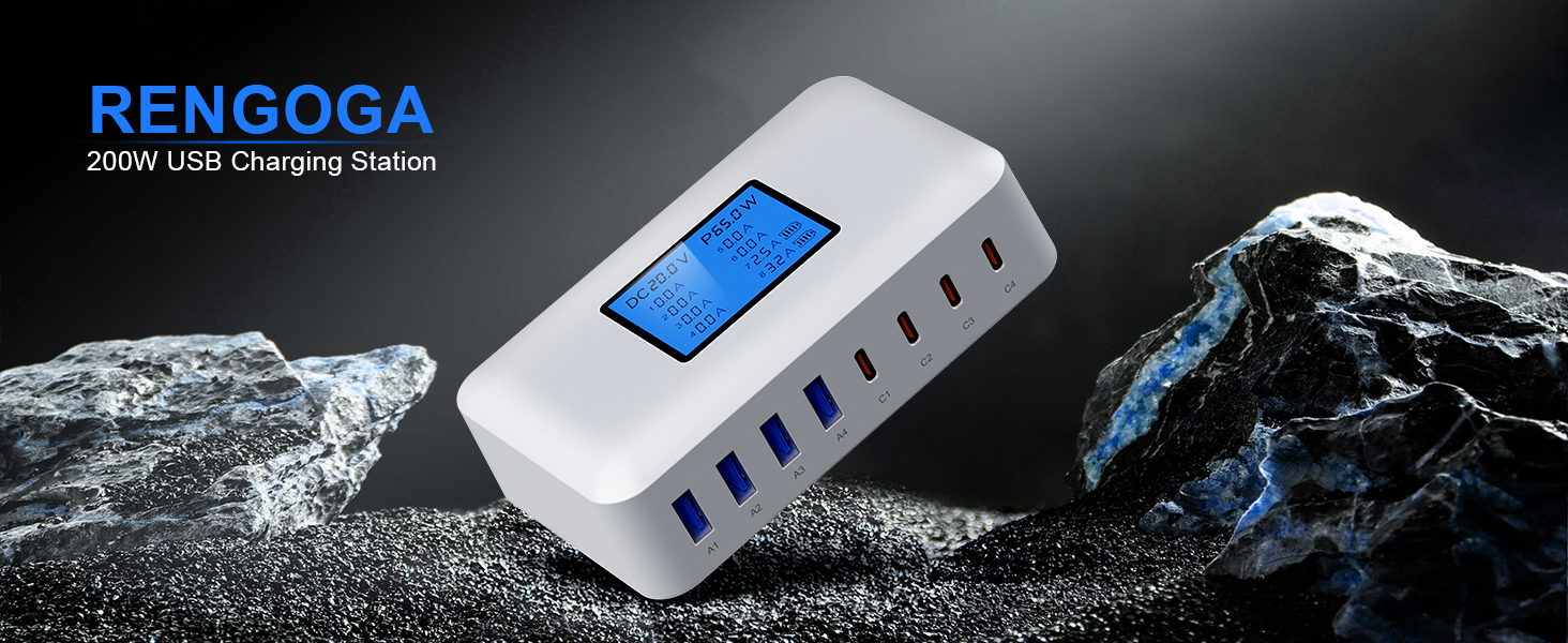Зарядний пристрій RENGOGA 200W USB C GaN з 8 портами, LED дисплеєм, 65W USB-станція для iPad Pro/Air, MacBook, iPhone 16/15/14, Galaxy S24 - Білий