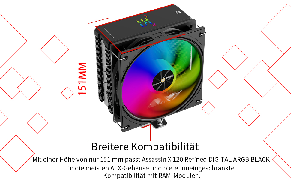 Assassin X 120 ARGB: Кулер для CPU з цифровим дисплеєм, 4 теплові трубки, 120 мм вентилятор, підтримка AM5/AM4, Intel LGA1851/1700, чорний