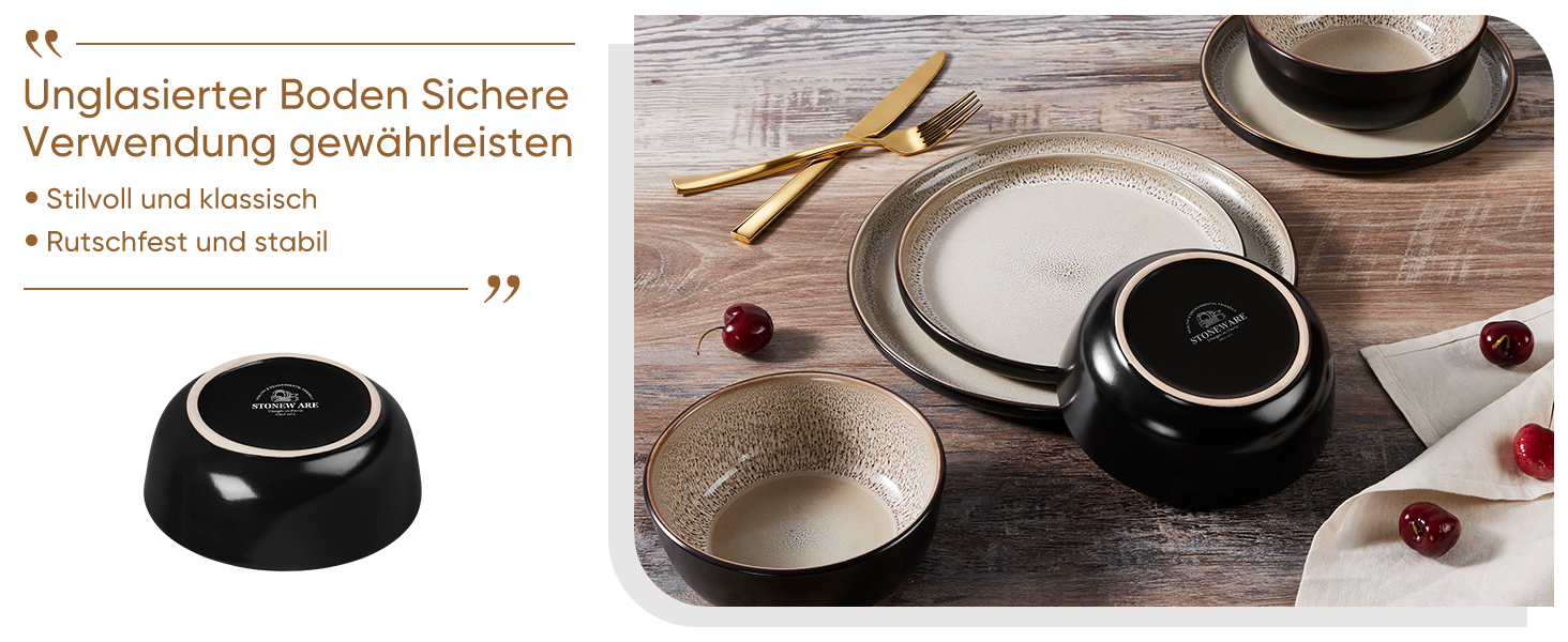 Набір посуду HaWare на 6 осіб, 18 предметів: тарілки, десертні тарілки, миски. З реактивною глазур’ю, стійкий до миття в посудомийній машині та використання в мікрохвильовій печі, бежевий колір.