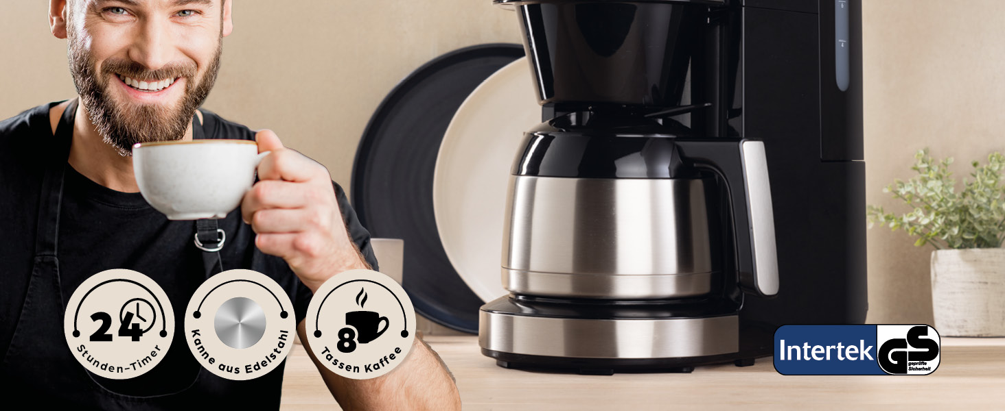 Кавомашина Barista Filterkaffeemaschine з регульованим млинком та термокружка | Функція підігріву, таймер 24 год та перманентний фільтр | Для 10 чашок кави | Кавомашина для зерен та меленої кави [Нержавіюча сталь] (8) Нержавіюча сталь (Pro Design) - Термокружка - з млинком