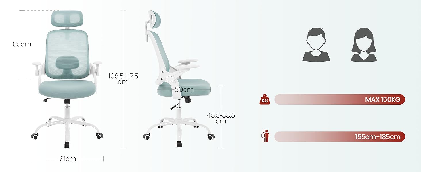 Крісло офісне WOLTU ергономічне з регульованою підголовником та підтримкою попереку, функцією гойдання, для офісу, витримує 150 кг (Блакитне)