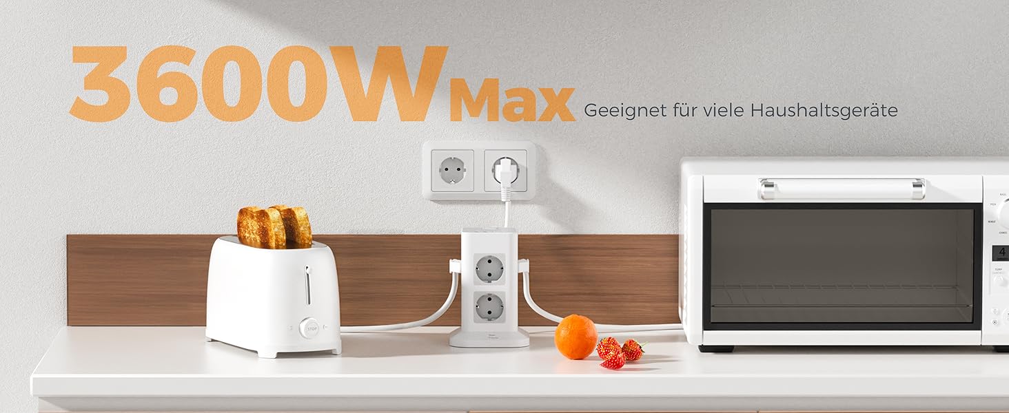 Розподільник розеток TESSAN з 8 розеток, 2 USB-C, захистом від перенапруги, 4 USB, вимикачем та кабелем 2м (сірий/білий)