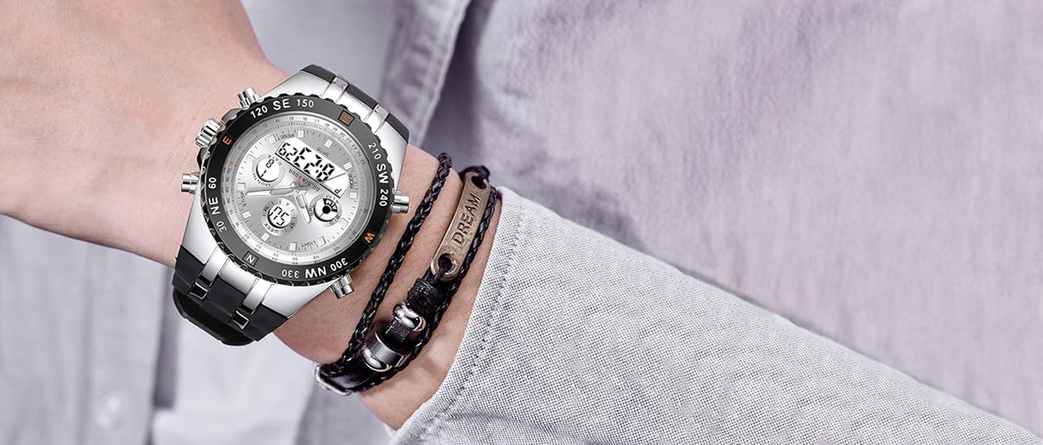 Чоловічий військовий спортивний годинник: цифрові та аналогові функції, водонепроникність, дата, будильник, світіння, секундомір. Великий годинник для чоловіків, сріблястого кольору.