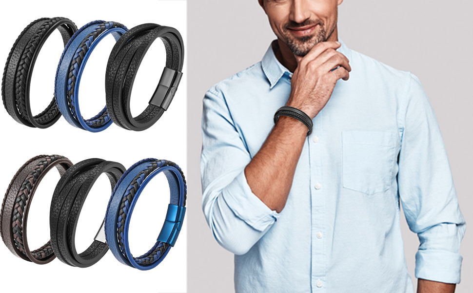 Чоловічий шкіряний браслет, чорний, коричневий, синій, плетений, 21 см, подарунок для чоловіка, на День батька