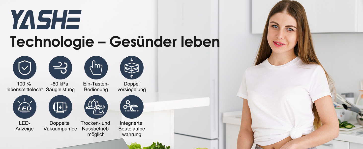 Вакуумний пакувальник YASHE 80KPA з магнітною кришкою, 10-в-1, подвійна зварювальна лінія та подвійна поршнева помпа, зберігання рулонів, для зберігання продуктів