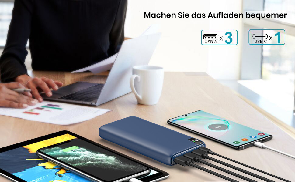 Power Bank Riapow 26800mAh з LED-дисплеєм, 4 виходи, USB-C, швидка зарядка 22.5W, блакитний