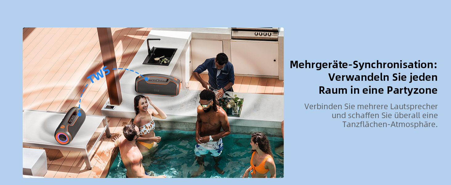 VUOPAX Портативна Bluetooth колонка з 2 сабвуферами, 200W, 24h акумулятор, IP65, DSP, TWS, TF/USB/AUX, для дому та вечірок