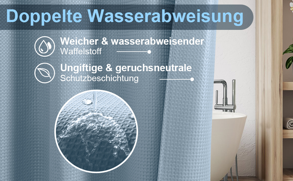 Штора для ванної кімнати Waffel з кільцями, 182x182 см, біла (вафельний малюнок, блакитний місячне світло), водовідштовхувальна, антигрибкова