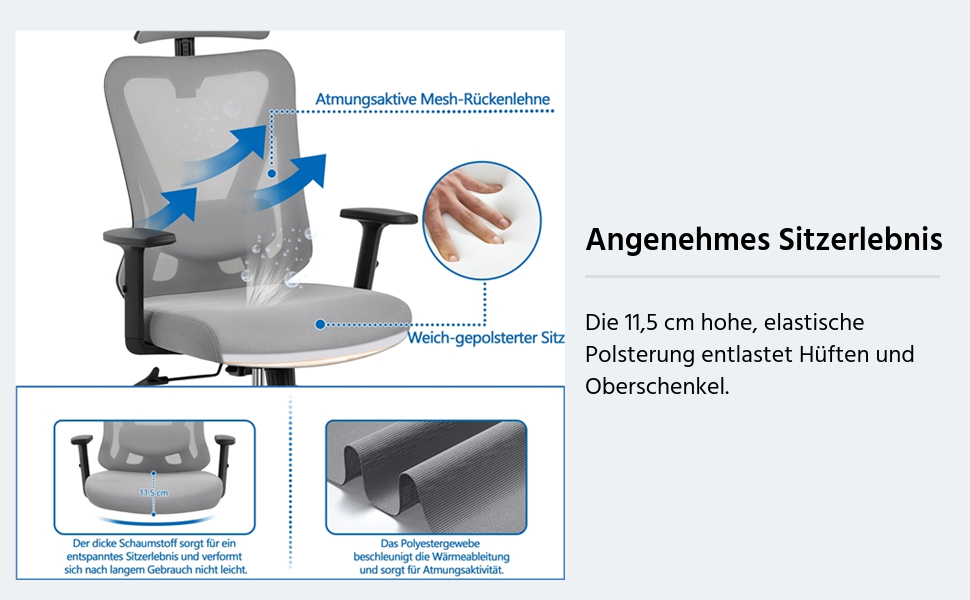Офісне крісло Yaheetech з регульованою підголівником та підтримкою попереку, дихаюча сітчаста спинка, широке сидіння, S-подібна спинка, поворот на 360°, сірий колір