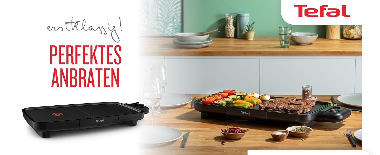 Тіфаль Plancha Booster Tischgrill: електричний гриль-стіл, 2200 Вт, велика поверхня, зона Boost, 6 температурних режимів, знімні антипригарні пластини, піддон для жиру, Thermo-Spot, чорний, CB6428