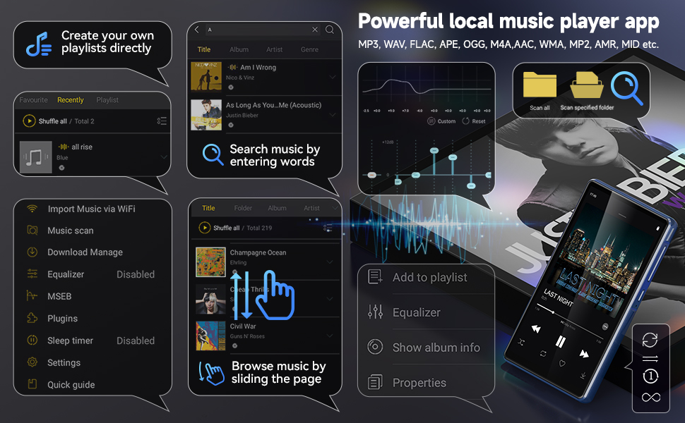 MP3 плеєр 163GB з WiFi, Bluetooth, Android 13, Spotify, FM радіо, сенсорний екран 4.5