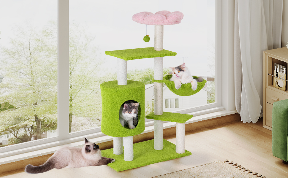 Кігтеточка-будинок для котів з квітами, 104 см, зелено-рожевий. Багатоповерхова кігтеточка з гамаком та будиночком.